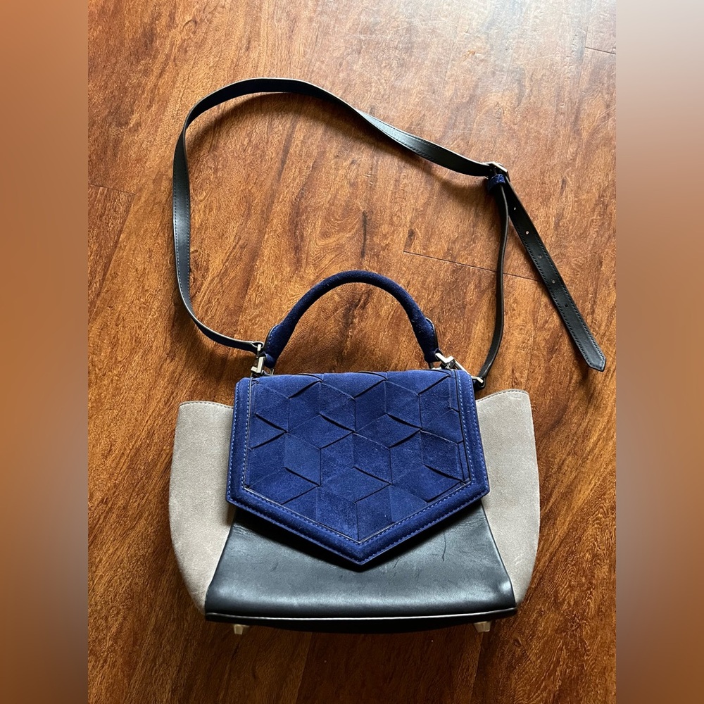 Welden Saunter Flap Satchel deep blue gray suede shoulder bag purse